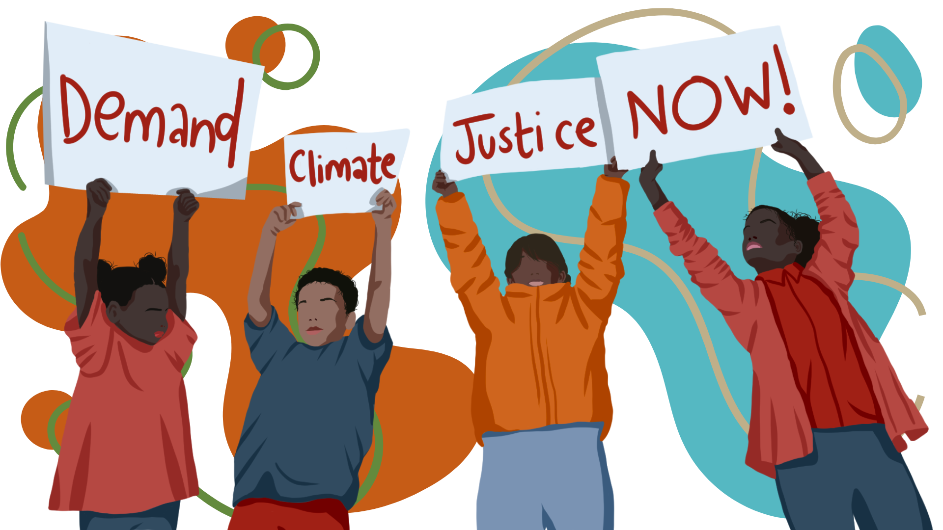 Four people, holding up sinds that form the words: 'Demand Climate Justice Now!'